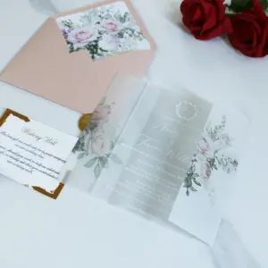 Tarjeta de invitación personalizada para fiesta de boda, papel acrílico esmerilado con diseño Floral con manga de terciopelo - Product Image 4