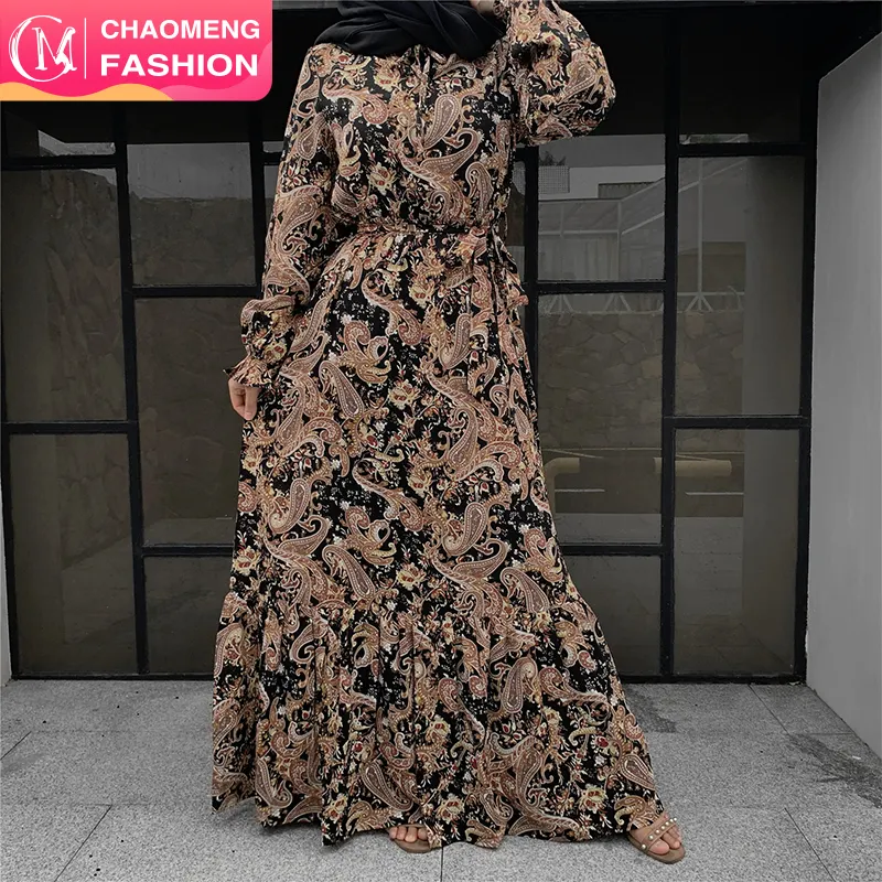 6373 # Terbaru Gaun Maxi Sifon Panjang Motif Bunga Pakaian Muslim Abaya Wanita