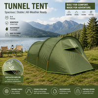 Tente tunnel 3 pièces pour camping familial avec rideau de séparation et plusieurs fenêtres en maille, résistante aux intempéries