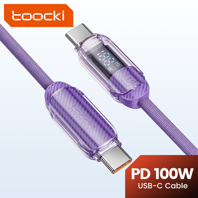 Toocki 100W USB-C to C Cable Transparent Power Monitor 5A Fast Charging PC Braided Durable for MacBook Pro iPad