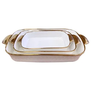 Bandeja de cerámica de porcelana con forma rectangular, vajilla para hornear con doble asas