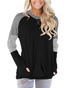 Vente en Gros Stock Haut Basique Régulier pour Dames Contraste Rayé Impression Respirant Slim O-cou Tricoté Long T-shirt avec Poche - Product Image 2