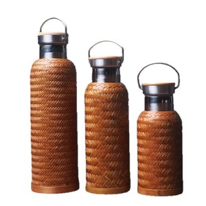 Bamboo Woven Stainless <b>Steel</b> Water <b>Bottle</b> Insulated Travel Flask With Lid 12-24 Hours Thermal Retention Round Shape For Outdoor - Product Image 5