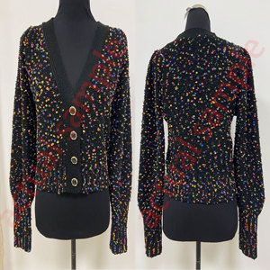 Cárdigan de punto de invierno con cuello en V, diseño de confeti, multicolor, de hilo nep, suéter holgado de manga globo para mujer - Product Image 6