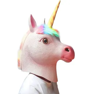 Fournisseur de fête Masque de licorne avec cheveux colorés Latex doux Masque de fête pour animaux Accessoires de costume de licorne pour carnaval