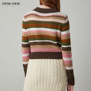 Pull court à rayures en tricot pour femme, nouvelle collection Printemps 2025, style rétro, col à revers, manches longues, style universitaire - Product Image 2