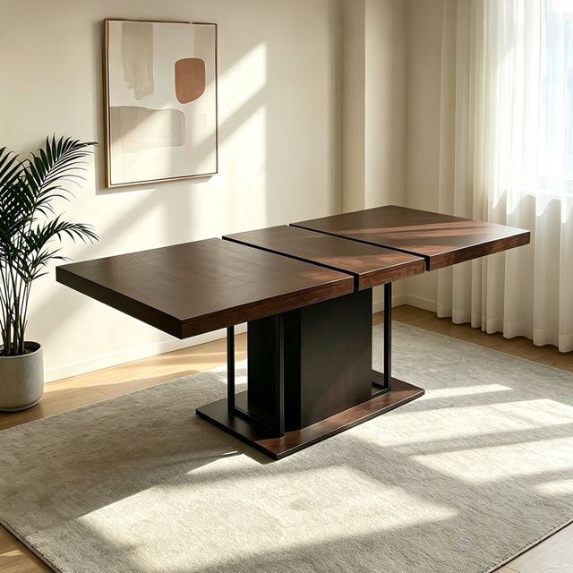 Custom-designed Extendable Solid Wood Dining Table, Seating 10 People with a Double Stable Base, Modern Style.