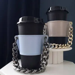 Creative Leather Tea Cup Sleeve with Handle Bubble Tea Cup Holder Coffee Cup Sleeve with Chain Handle