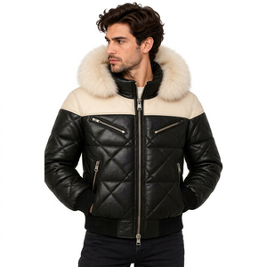Blouson bomber pour homme en cuir de vache véritable, écologique, coupe-vent, avec fermeture éclair avant et blocs de couleur, style moto hiver - Product Image 1