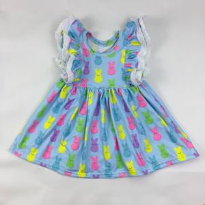 QL2022 lapin blanc impression fête tunique dentelle robe pour filles en gros manches évasées bébé vêtements groupe d'âge enfants automne - Product Image 4