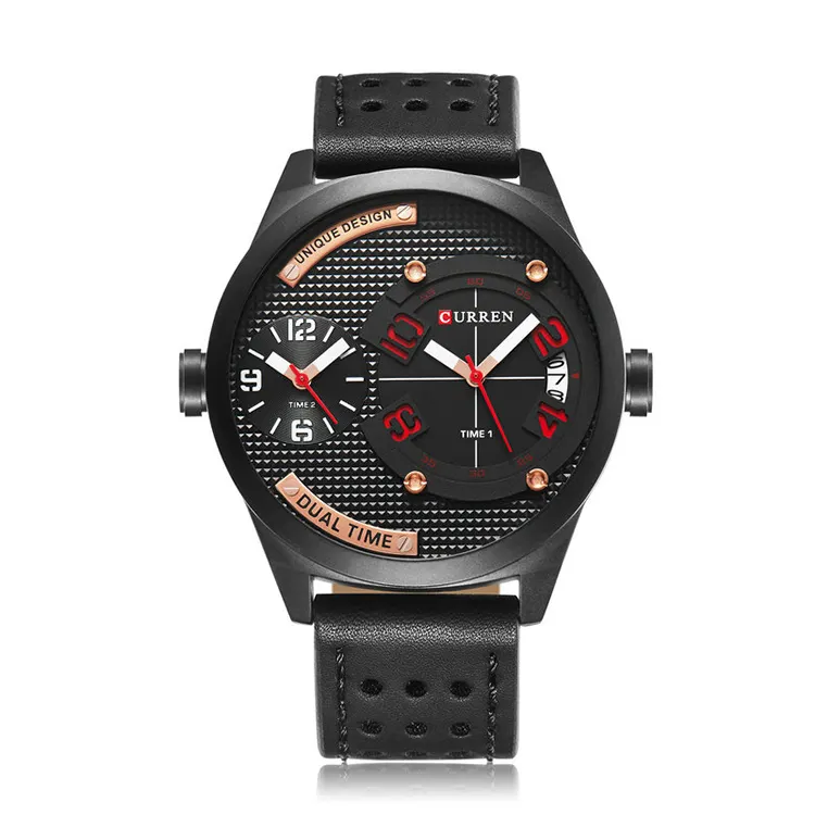 CURREN 8252 Men Quartz Movement Watch Leather Strap Dual Time Male Business Calendar Analog Wristwatches Designer