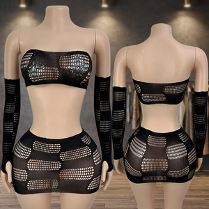 Conjunto de 4 piezas de falda bandeau a cuadros con red de pesca, tanga adicional y pasties de cristal, kits de ropa de baile de salón - Product Image 3