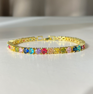 Pulsera de tenis de circonita cúbica redonda multicolor de 4 mm, chapada en oro, con circonita arcoíris, cadena de mano para uso diario, joyería al por mayor, ¡la más vendida! - Product Image 1
