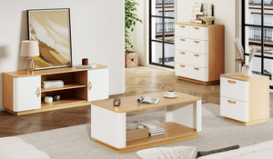 <span class=keywords><strong>Commode</strong></span> à trois tiroirs en chêne et blanc, surface lisse aux coins arrondis, meubles de chambre à coucher en gros - Product Image 2