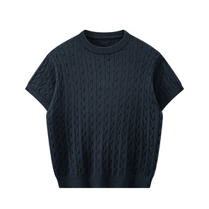 Camiseta de Manga Corta de Punto Trenzado para Hombre Dalang, Color Azul Marino, Corte Ajustado, Estilo Casual, Suéter de Verano, Top para Parejas - Product Image 1
