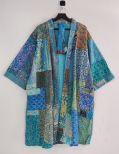 ชุดแต่งตัวยาวถึงเข่าทำจากผ้าฝ้ายผสมสีเทอร์ควอยซ์น้ำหนักเบาเป็นมิตรกับสิ่งแวดล้อมเสื้อแจ็กเก็ตแนวโบฮีเมียนงานเย็บปะทำด้วยมือ - Product Image 1