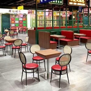 Retro Round Rattan Back Metal Frame Dining Chair Red PU Cushion Partition <b>Restaurant</b> Booth Seating Catering Furniture - Product Image 1