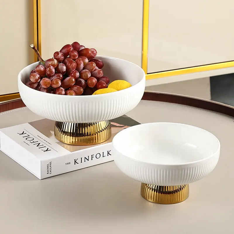 Luxury Ceramic Fruit Serving Tray with Gold Stand Candy Plates Gift Set for Living Room Wedding