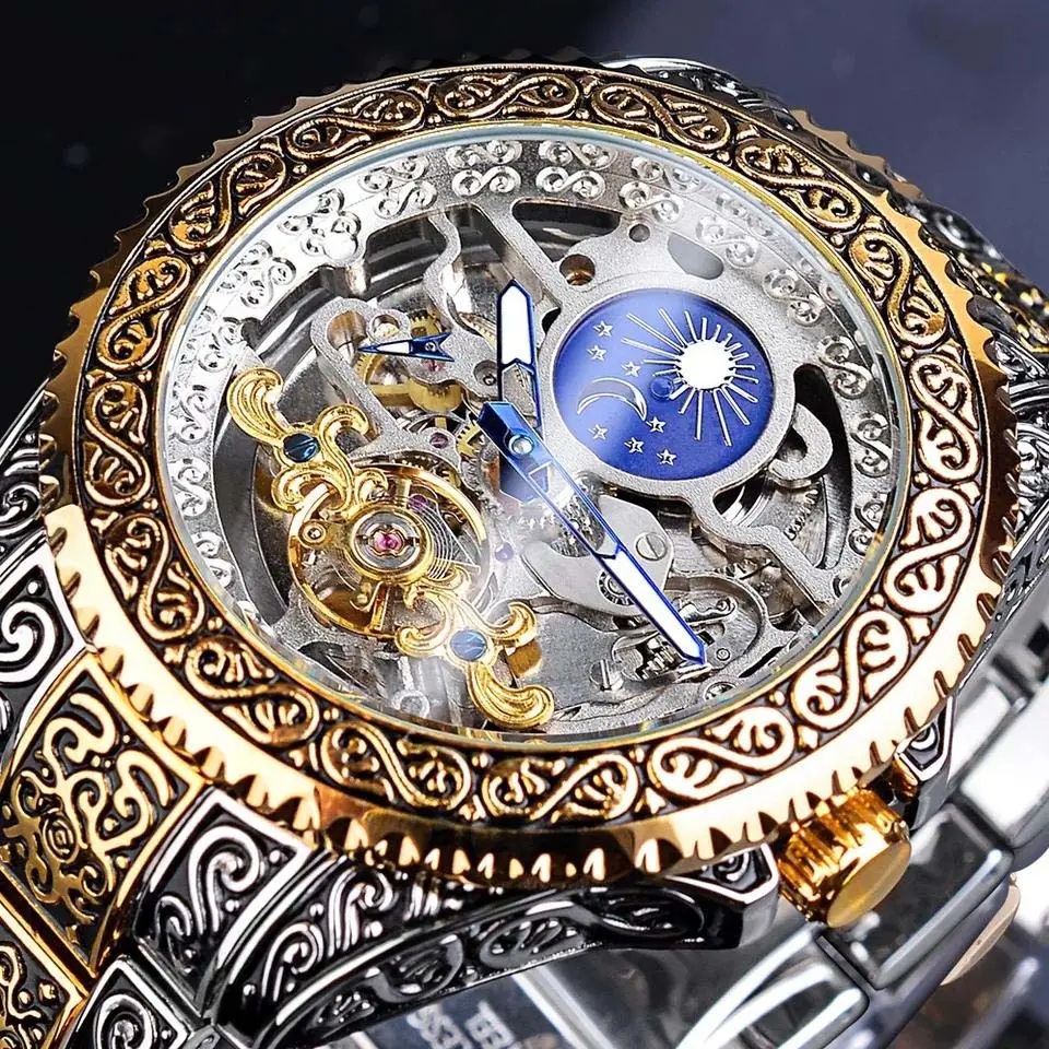 Dropshipping Watch Tourbillon Skeleton Mens Mechanical Watches Men Wrist Luxury Engraved Vintage Moon Phase Relogio Watch