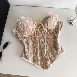 <span class=keywords><strong>Haut</strong></span> bustier en dentelle brodée florale avec dos en maille transparente à nouer, style corset court mignon pour femme - Product Image 1