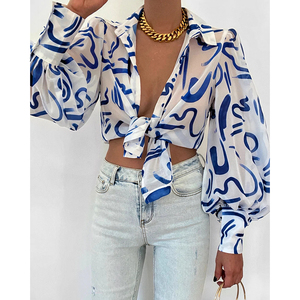 Camicette con maniche a sbuffo Sexy con scollo a V eleganti da donna allentate e stampate con colletto rialzato camicie Top - Product Image 5