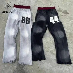 Özel Slim Fit Set Jogger güneş soluk pantolon % 100% pamuk fransız Terry cut Vintage baskı sıkıntılı asit yıkama Flare Sweatpants erkekler