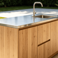 Meuble de cuisine d'extérieur moderne résistant aux intempéries, îlot de cuisine sans cadre ni poignée, évier sous plan en acier inoxydable 304, robinet inclus