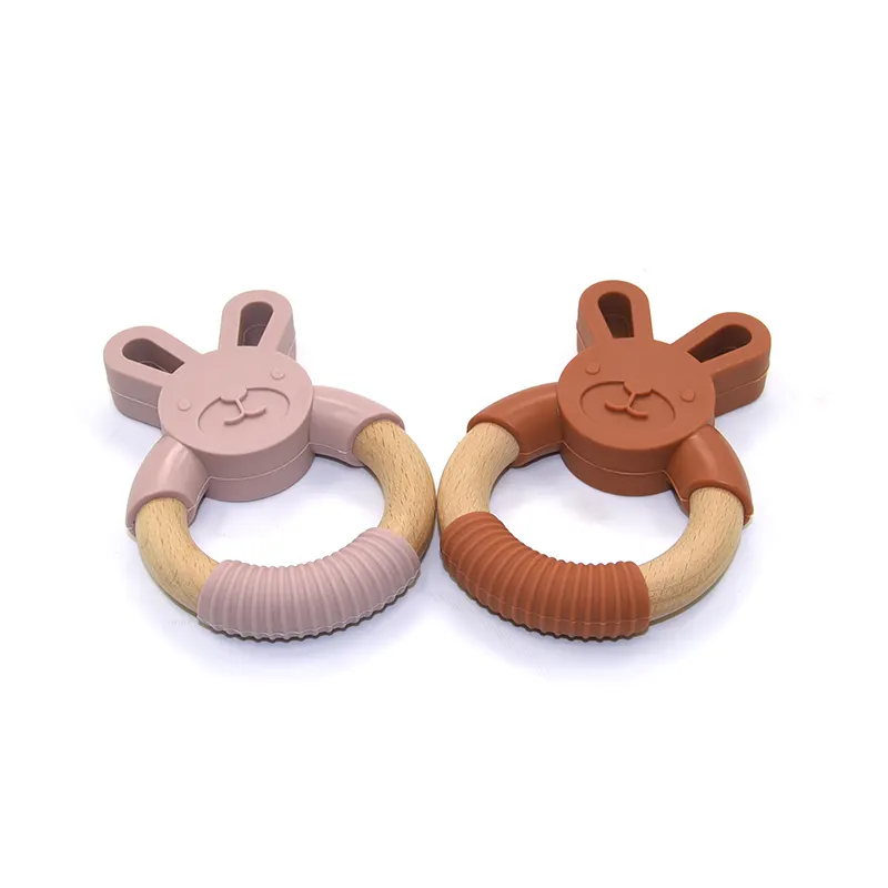 new arrival hot selling 100% food grade organic wooden Rabbit Shape baby teething ring teethed organic baby teether silicone se