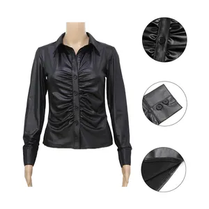 Female Casual Blouses And Tops 2023 Fashion PU Leather Women Loose Pocket Shirt With Button Design