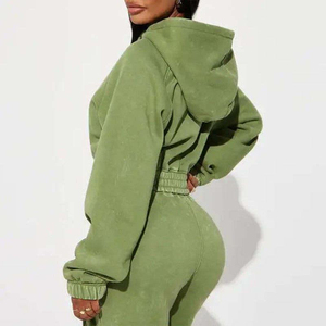 Conjunto de Sudadera con Capucha y Pantalones Acampanados OEM Personalizado con Lavado Ácido para Mujer, Conjunto de Chándal de Manga Larga, Chaqueta con Cremallera, Conjunto de Dos Piezas para Descansar - Product Image 2