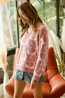 Pull à manches longues en tricot à carreaux avec nœud en forme de cœur pour la Saint-Valentin Pull rose pour femmes