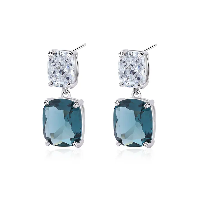 Statement Earrings Sterling Silver Jewelry 2023 luxury Square Big stone zircon Blue Dangle Earrings Stud for women