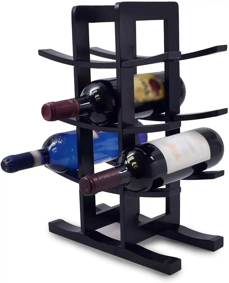 Rack de vinho de bancada de madeira personalizado preto multicamadas conveniente bambu natural 12 garrafas rack de vinho