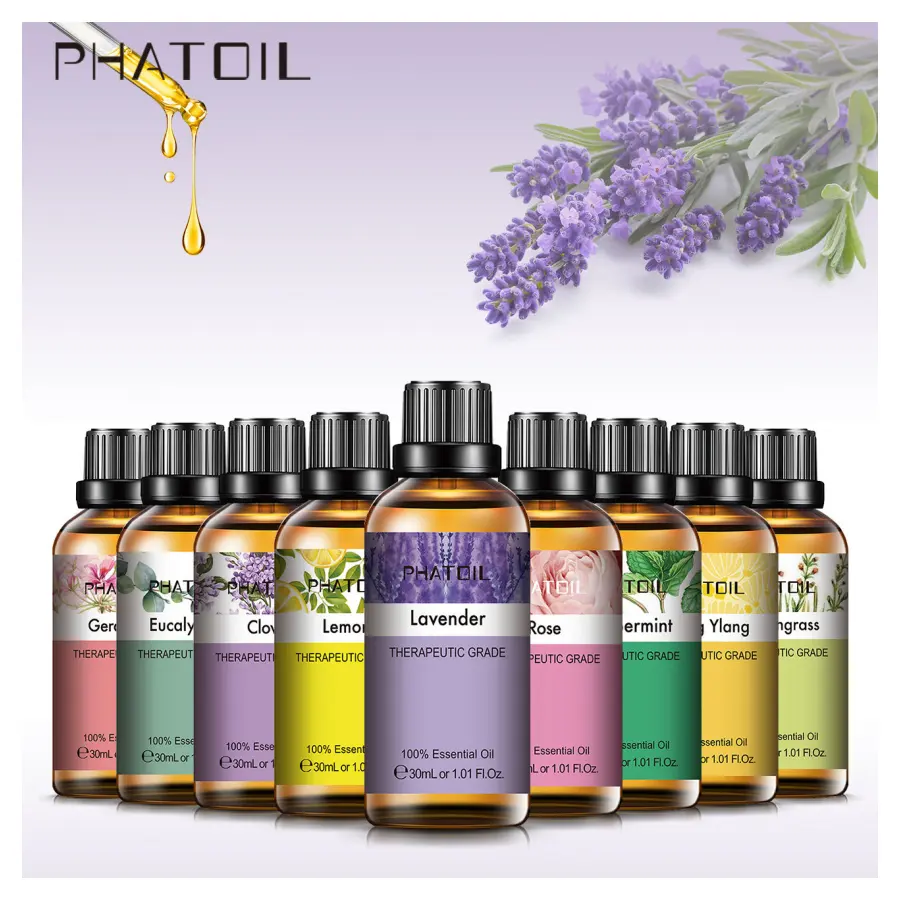 30ml phatoil Beauté 100% Huile Essentielle Pure Rose Lavande Eucalyptus Jasmin Néroli Huile de Romarin pour diffuseur