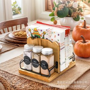 Solid Wood Spice Jar Holder With <b>Paper</b> Towel Rack Multifunction <b>Kitchen</b> Organizer For Seasoning Storage And Napkin Display - Product Image 1