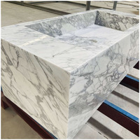 Évier intégré en marbre blanc Arabescato italien, vasque rectangulaire en pierre massif pour projet de salle de bain de villa ou d'hôtel