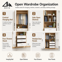 Armoire en bois à quatre portes avec tringle centrale, étagères latérales et quatre tiroirs – Organisateur de placard de chambre, ensemble de rangement domestique