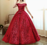 Robe de Bal Longue Élégante Classique Épaule Dénudée avec Dentelle Fleur et Perles, Robe de Quinceañera Gonflée Personnalisée