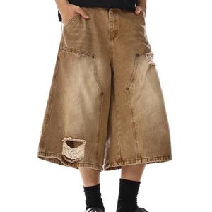 Pantalones Cortos de Verano para Hombre, Estilo Hip Hop Vintage, Desgastados, Rotos, Transpirables, Ligeros, de Cintura Media, de Algodón, de Pierna Ancha - Product Image 2