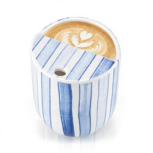 Taza de Café de Cerámica de 10 oz, Azul con Rayas, Pintada a Mano, Resistente al Calor, Antideslizante, con Tapa Integrada y Orificio para Beber, Regalo para Amantes del Café - Product Image 1