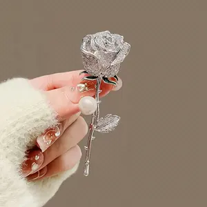 S925 Plated Coat Suit Dress Decoration Rose Pin Flower Brooch Pearl Accessory Corsage