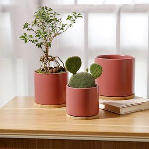 3 "4" 5 "Pots de fleurs en céramique <span class=keywords><strong>pour</strong></span> <span class=keywords><strong>plantes</strong></span> avec trou de drainage et soucoupe Jardinières d'extérieur <span class=keywords><strong>pour</strong></span> patio Pot de fleurs Plateau en <span class=keywords><strong>bois</strong></span> de bambou - Product Image 1
