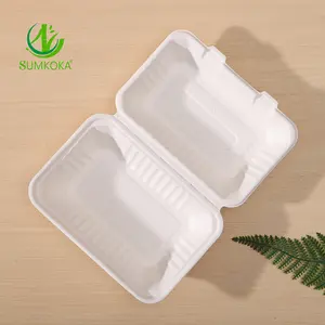 9*6 inci Biodegradable Takeaway wadah makanan 100% tebu bagase kotak makanan Microwave tersedia Restoran sekali pakai makan siang B
