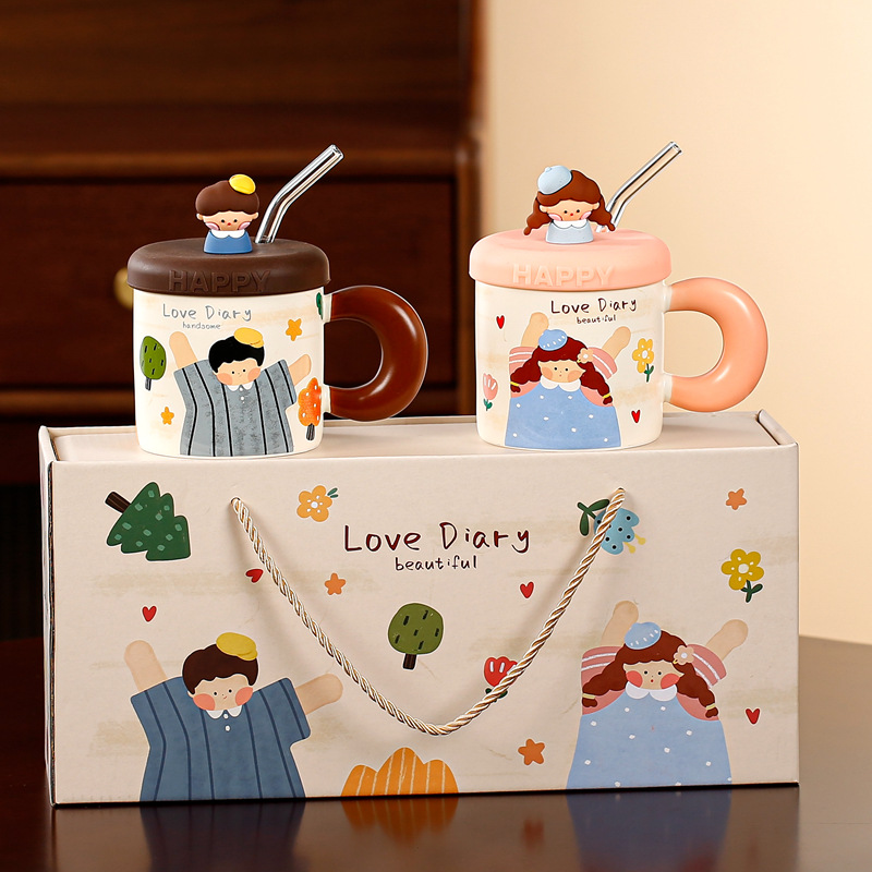 Niño gris + niña azul (copa doble) - caja de regalo