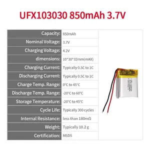 Les fabricants de batteries en Chine fournissent une batterie rechargeable pour la batterie UFX 103030 3.7v 850mah de lumière d'urgence