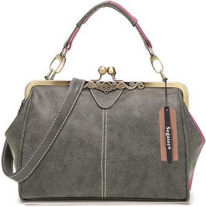 Segacer Women Vintage Small Retro Kiss Lock Crossbody <b>Purse</b> Handbag Microfiber Leather Messenger Bag Gray <b>Pink</b> - Product Image 1