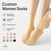 Chaussettes respirantes en maille à volants pour femmes, en coton doux couleur bonbon, mi-mollet, avec bord élastique, légères pour un usage quotidien
