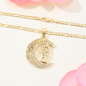 Nuevo Diseño, Collar con Colgante de Luna Chapado en Oro de 14k con Circones, Amuleto Religioso de la Santa Muerte en Latón, Joyería Unisex para Regalo - Product Image 2