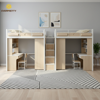 Meubles modulaires pour dortoirs universitaires : armoire en bois, étagères intégrées, système de lit en métal, lits mezzanine avec bureau