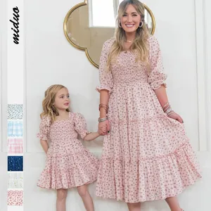 Summer short-sleeved high-waisted fashion floral square neck lantern sleeve mother-daughter parent-child cute princess dresses